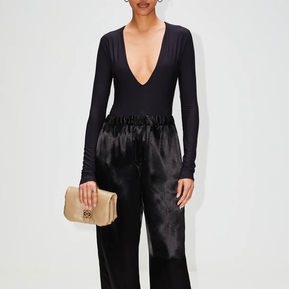 ETERNE Black Deep Plunging V Neck Bodysuit Small NEW Stretch Long Sleeve Top